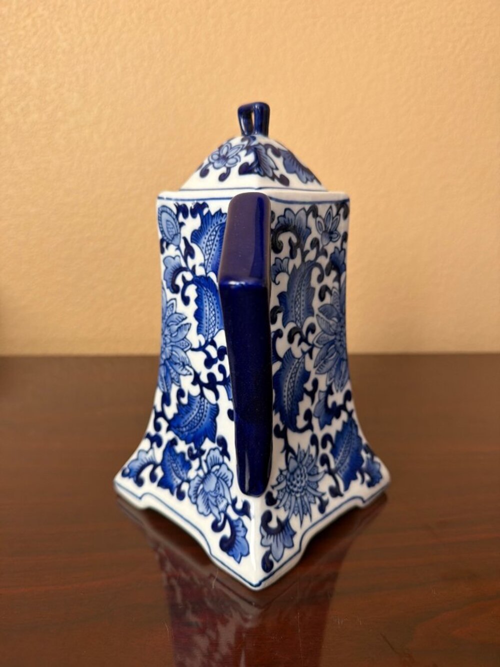 Vintage Blue White Ceramic Teapot Chinoiserie Floral Square Decor 9.5" - Picture 4 of 12